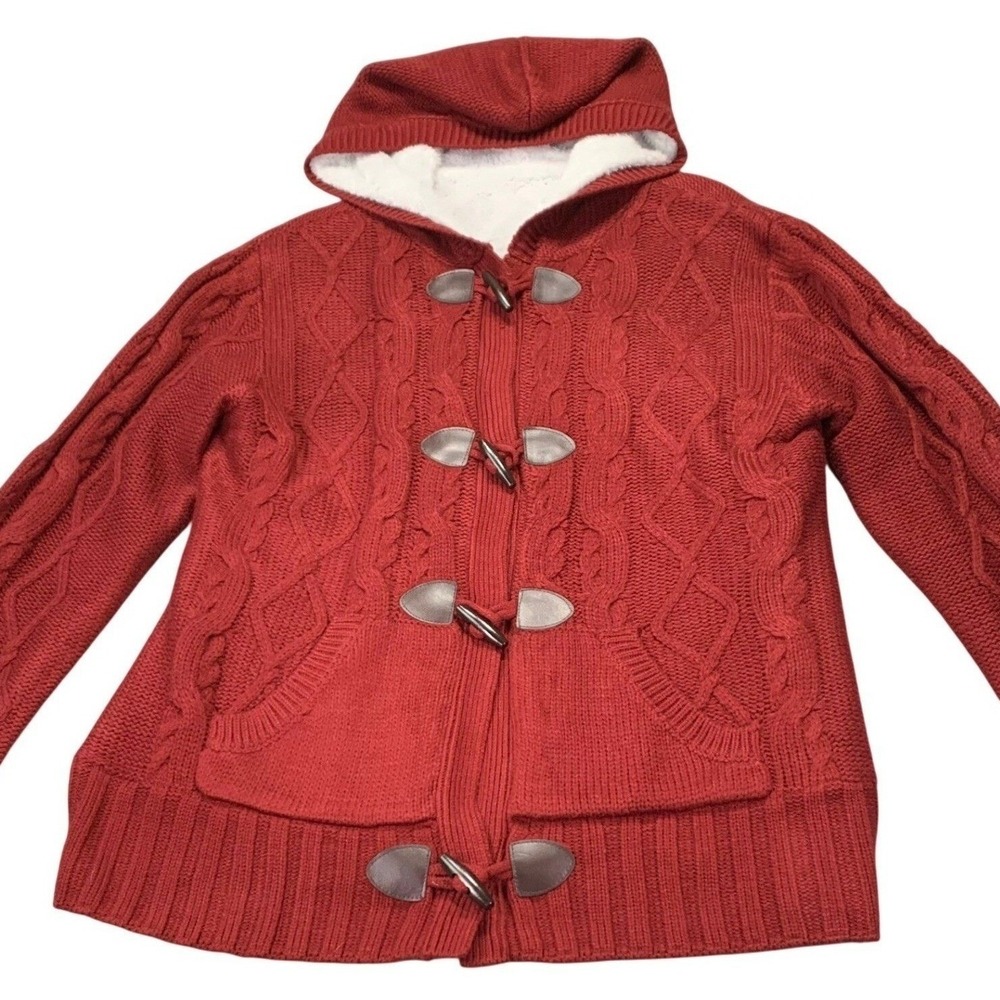 Red Cable Knit Toggle Cardigan Hooded Sherpa Lined Chunky Cozy Sweater XL